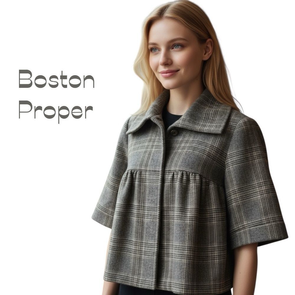 Boston Proper Tan Cream Plaid Wool Jacket Size 8 EuroGirl Academia